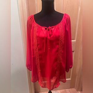 AB Studio Boho Top Red Sheer Blouse Crochet Detail Tie Front Flowy Peasant L